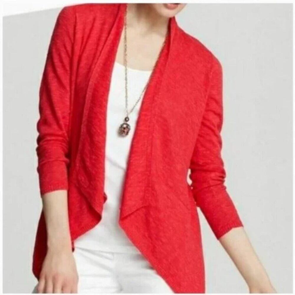 Eileen Fisher Womens XS Bright Coral Pink Organic Linen Knit Open Front Cardigan